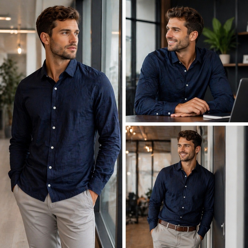 Crosby & Howard Mens Navy Blue‎ Tonal Geometric Jacquard Button Down Shirt M